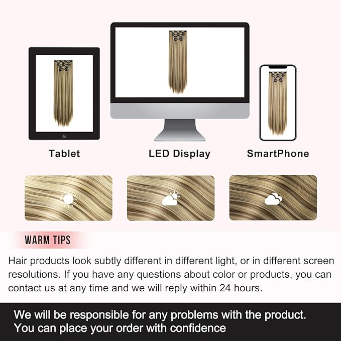 FLUFYMOOZ 6PC Clip in Hair Extensions 24" Straight Long Extensions for Women Synthetic Hairpiece (Brown with Blonde Highlights)