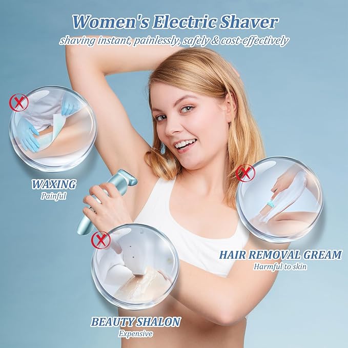 Electric Razors for Women, Bikini Trimmer Wet & Dry Use, Painless Pubic Hair Trimmer, Rechargeable Electric Shaver for Legs, Face, Pubic Hair, Underarms with Detachable Head, Blue