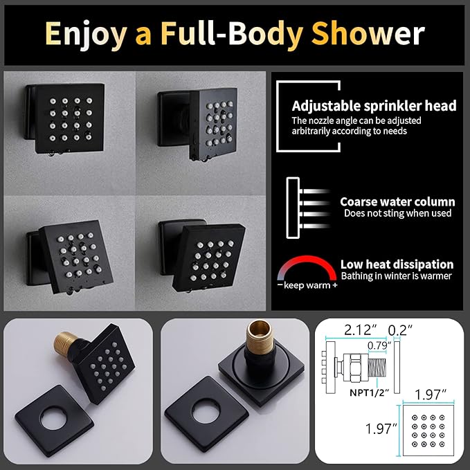 AYIVG Matte Black Thermostatic Rainfall Full Body Shower System With 2 In 1 Waterfall Rainfall Ceiling Mount 16 X 24 Inch Rain Shower Head 6 Jets Temperature Display Shower Faucet Set