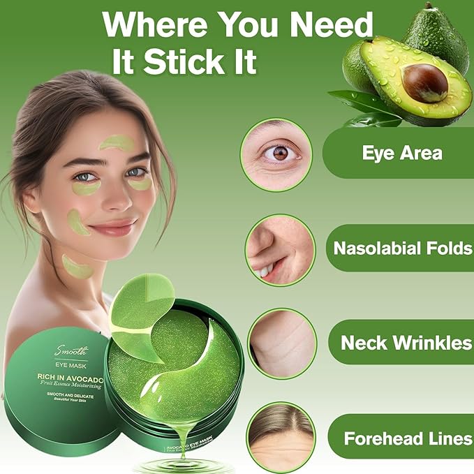 Lktvys Nourishing Avocado Eye Patches 2-Pack (120 PCS), Collagen Under Eye Mask for Hydration & Antioxidant Care, Under Eye Patches for Women & Men