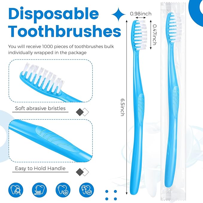 Tessco 1000 Pcs Disposable Toothbrushes Bulk Individually Wrapped Manual Soft Bristle Travel Toothbrushes Single Use Toothbrush for Homeless Hotel Toiletries Camping Office(Blue)