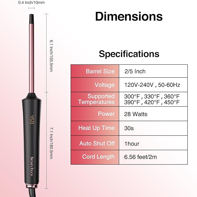 Small Curling Iron 2/5 Inch, Tresses Touch Curling Iron Wand for Short & Long Hair, 10 mm Ceramic Small Barrel Hair Curler with Adjustable Temperature, Include Heat Resistant Glove & Clip (Rose Gold)