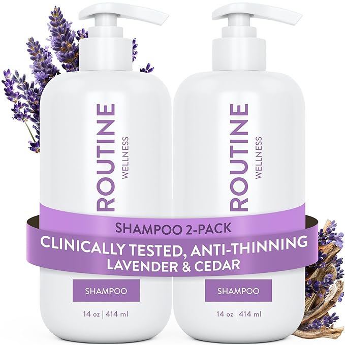 Routine Wellness Anti-Thinning Shampoo for Thinning Hair - Biotin DHT Blocker Women & Men - Color Safe Shampoo for Hair Loss & Healthy Hair - Lavender & Cedar 14oz (Pack of 2)