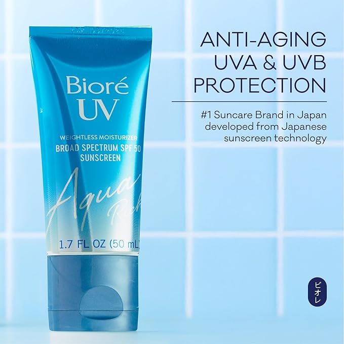 Biore UV Aqua Rich Daily Hydrating Facial Moisturizer with SPF 50 | Oil Free Sunscreen for Sensitive Skin with Hyaluronic Acid, Non-Comedogenic, Dermatologist Tested, 1.7 Oz/3 Pack