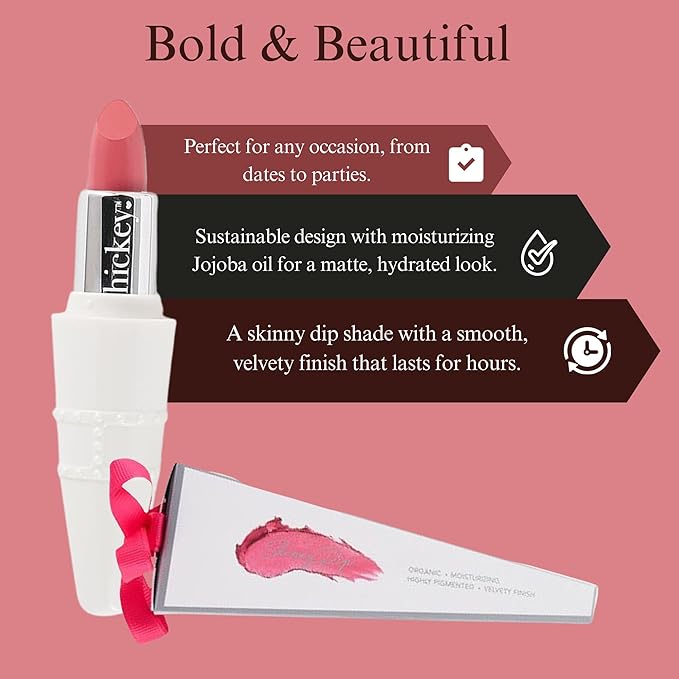 Hickey Lipstick Set - Skinny Dip (Light Pink), Refillable Silver Case with Chain, Satin Pouch & Ribbon (Wearable Necklace), Long Lasting Hydrating Velvet Finish Lipstick for Women, Vegan & Gluten-Free