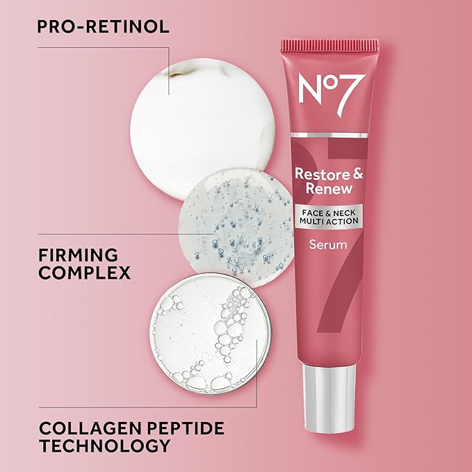No7 Restore & Renew Multi Action Serum for Face & Neck - Anti Aging Serum for Neck Firming and Tightening - Infused with Hydrating Collagen Peptides & Hyaluronic Acid for Crepey Skin (1.69 Oz)