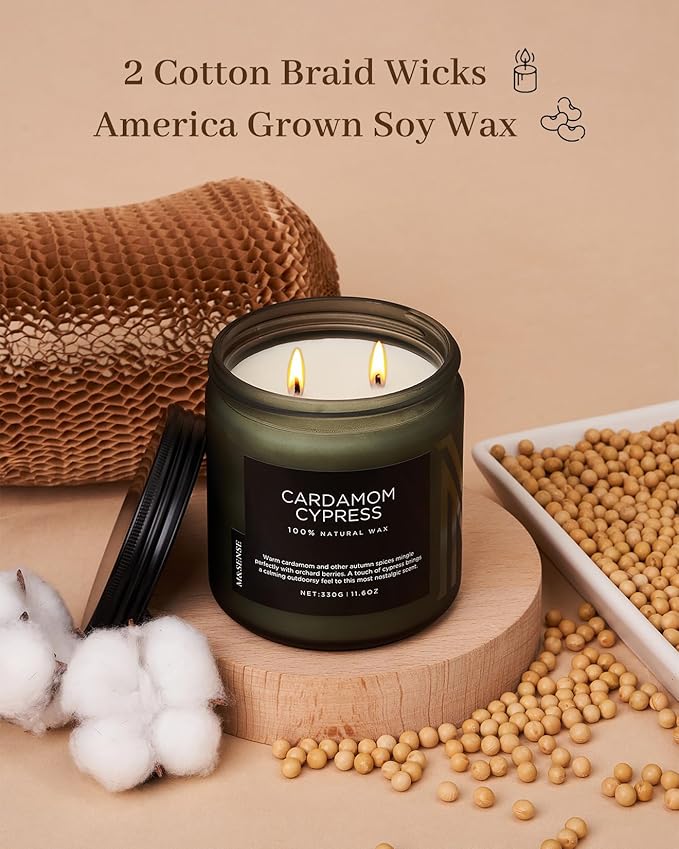 M&SENSE Cardamom Cypress Fir Large Scented Candles for Home 2 WIC 11.6oz 70 Hours Long Lasting Slow Burning Woody Scented for Birthday Holiday Winter Gifts