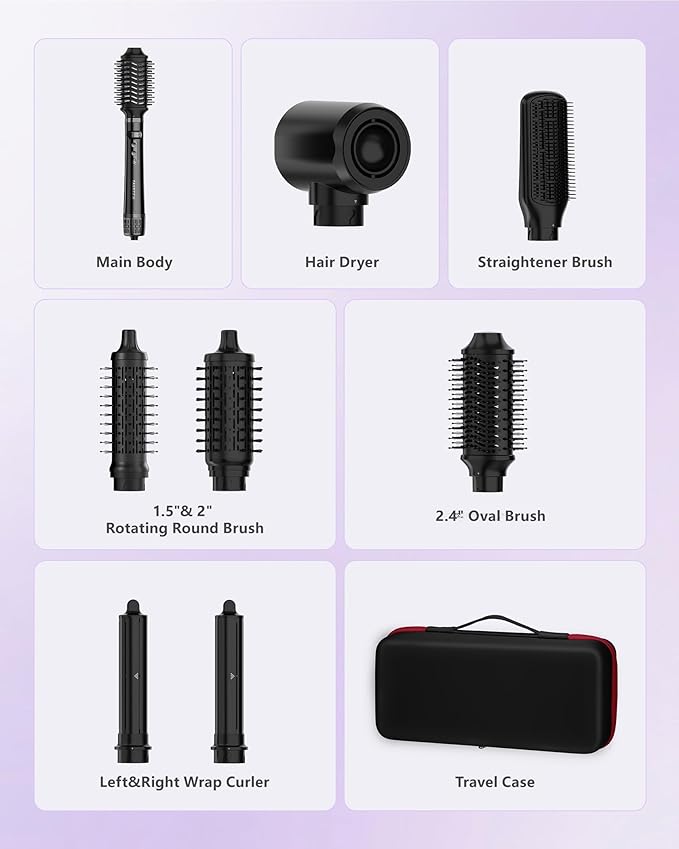 TASNEEM Hair Dryer Brush, 7 in 1 Pro Hot Air Styler for Hair Styler, Rotating Hair Dryer Brush, Auto-Wrap Curlers,Paddle Brush for Fast Blow Dry & Curling Volumizing Straightening with Travel Case