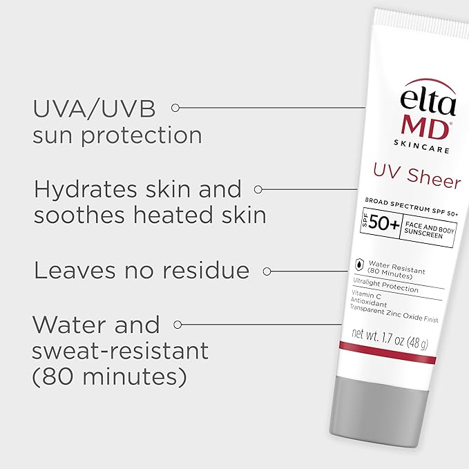 EltaMD UV Sheer Face and Body Sunscreen SPF 50+, Oil Free, No White Cast Sunscreen for Face and Body, Zinc Oxide Formula, 1.7 oz Tube