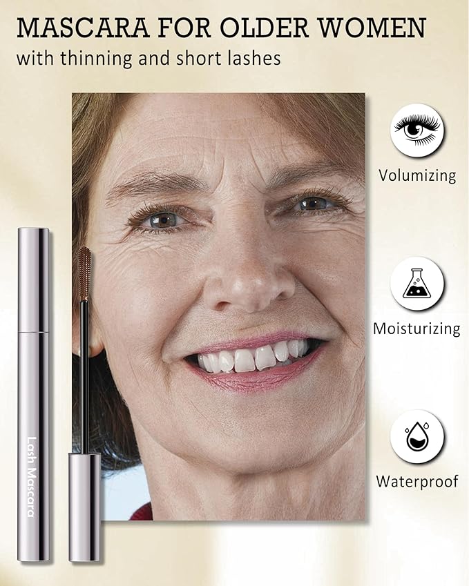 Brown Mascara for Older Women 60 Plus, Tube Máscara Volume and Length for Mature Women with Thinning Lashes, Hypoallergenic Prime Mascara for Sensitive Eyes, Non Clumping Waterproof Long Lasting-02