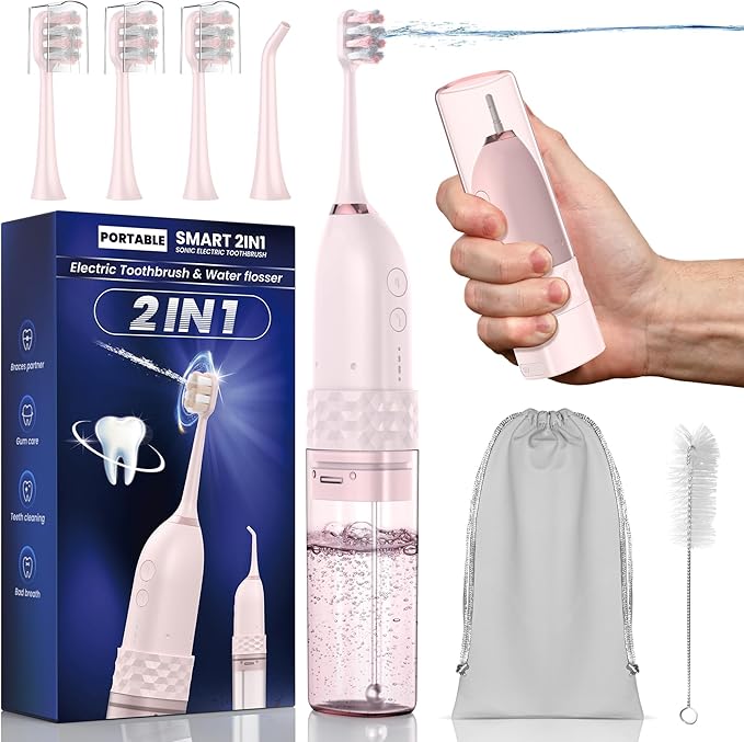 UNINGOPI Portable Electric Toothbrush with Water flosser, 2 in 1 Teeth Cleaning Kit, Electricc, Toothbrush and Water flosser Combo, Travel Toothbrush with Water Bottle(Pink)
