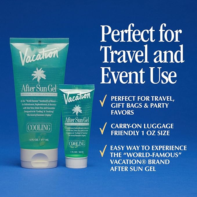 VACATION Mini After Sun Gel, Travel Size Soothing Aloe Vera Gel for Sunburn Relief, Hydrating & Cooling, Non-Sticky Aftersun Care, 1oz (Value Pack of 6)