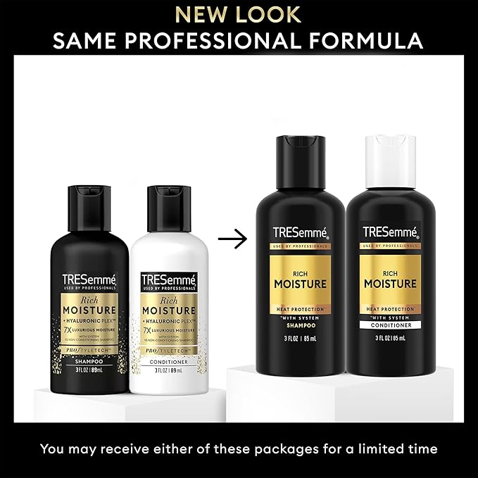 TRESemmé Travel Essentials, Rich Moisture Shampoo 3-Pack + Conditioner 3-Pack – Moisturizing Hair Care with Hyaluronic Acid, Paraben-Free, 3 Oz Ea