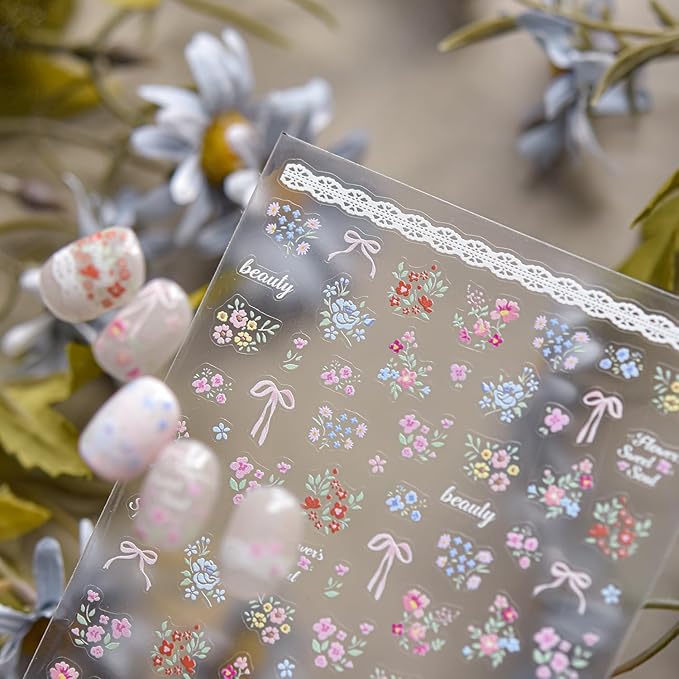 Flower Nail Stickers 5D Embossed Nail Art Stickers Decals with Flower Bow Design Spring Nail Stickers for Nail Art Self-Adhesive Summer Nail Supplies for Women Manicure Decorations