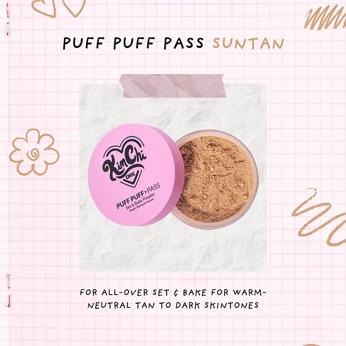 KimChiChic Beauty Puff Puff Pass Set and Bake Setting Powder for Makeup, Extra Fluffy Loose Face Powder Poof, Soft Natural Face Makeup for Uneven Skin Tone, 05 Suntan