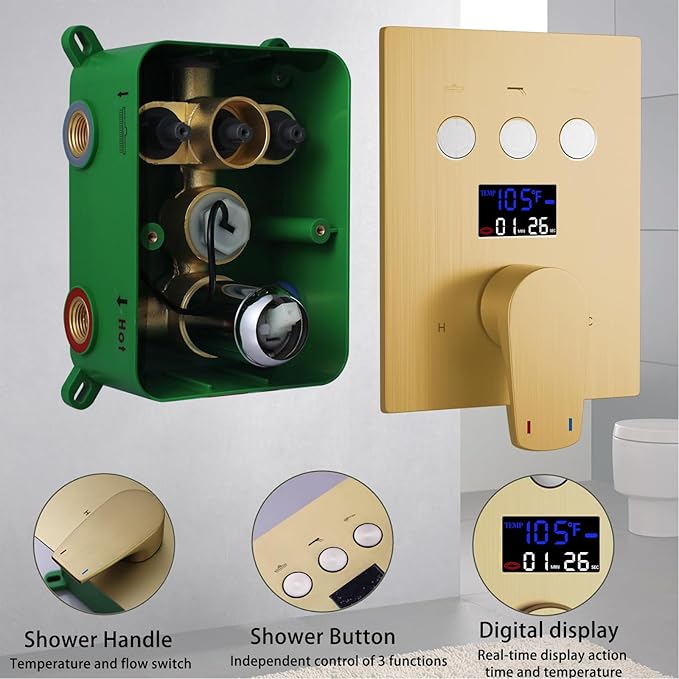 WHSHOWER Digital Display Shower Faucet Set With 12 Inch Rainfall Shower Head,Brass Handheld Sprayer And 6pcs Body Jets,Full Body Shower System (Brushed Gold)