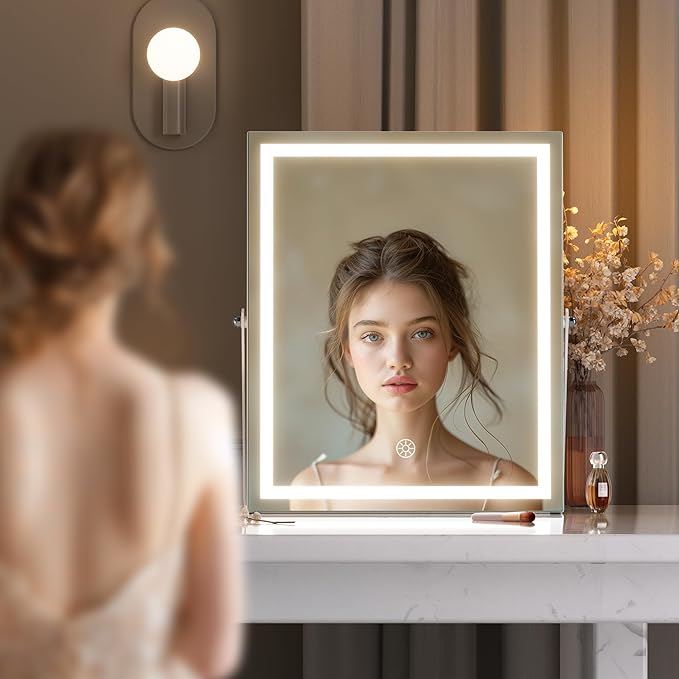 Hasipu Vanity Mirror with Lights and Bluetooth Speaker, 11.4" x 13.8" LED Makeup Mirror with 10X Magnification, Smart Touch 3 Colors Dimmable, Brightness Adjustment, 360° Rotation, White