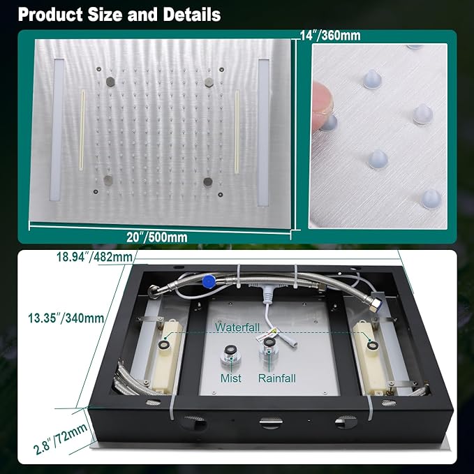 HOMEDEC 14x20" LED Ceiling Shower Head with Rainfall Waterfall Mist Spray, 3 Modes Can Operate Simultaneously or Independently, Brushed Nickel