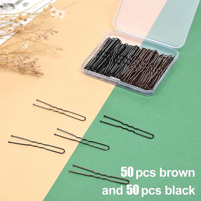 TsMADDTs Hair Pins, 2.4in 50 pcs Brown and 50 pcs Balck U Shaped Hair Pins for Women, Ballet Bun Hairstyles with Storage Box