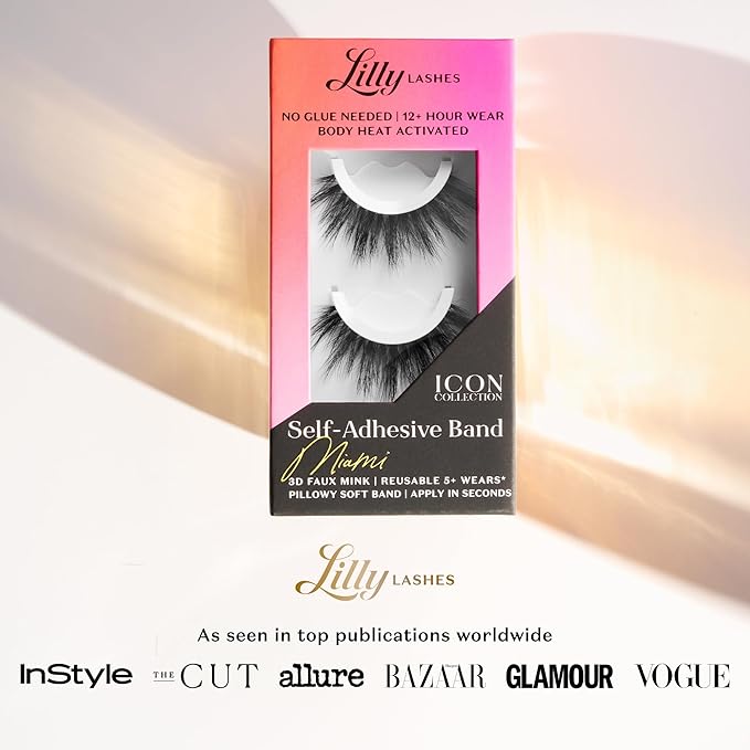 Lilly Lashes Self Adhesive Band 3D Faux Mink Eyelashes, No Lash Glue Needed, Body Heat Activated Press on Lashes, Reusable Self Adhesive Eyelashes Up to 5x, Easy to Apply & Remove (Miami)