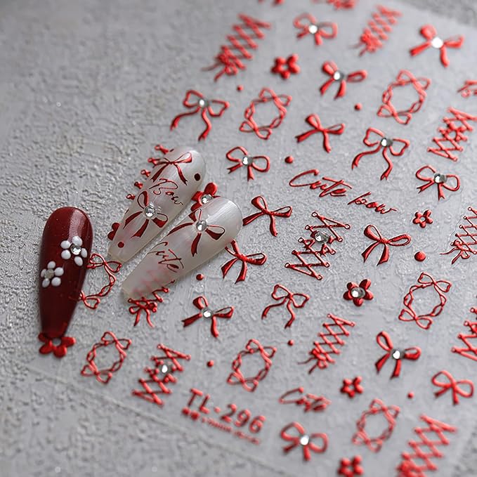 Bow Nail Art Sticker Self-Adhesive Red Flowers Bows with Nails Rhinestones Nail Decals Design Valentine Bow Nail Sticker DIY Manicure Acrylic Nails Decoration Accessories for Women
