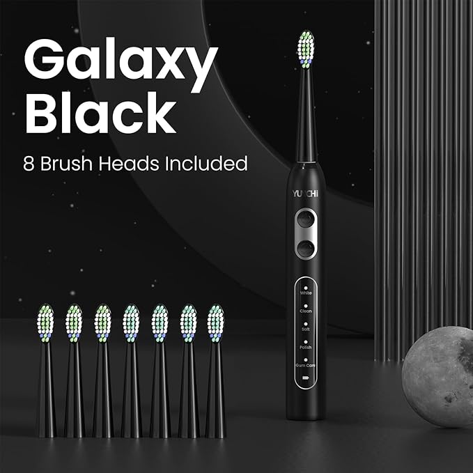 YUNCHI Electric Toothbrush Birthday/Valentine Plastic 8 Heads 24-Mo Deep Cleans Gentle Gums Removes Stains 3Hr USB-C 90d 2-Min Timer/30s IPX7 - Black