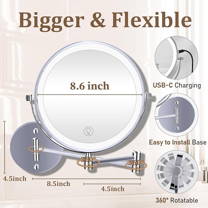 9inch Wall Mounted Makeup Mirror with Lights, 1x/20x 5000mAh Rechargeable Magnifying Mirror with Light, 360° Rotate Bathroom Mirror with Lights, 3 Color, 80 LEDs, Stepless Dimmable