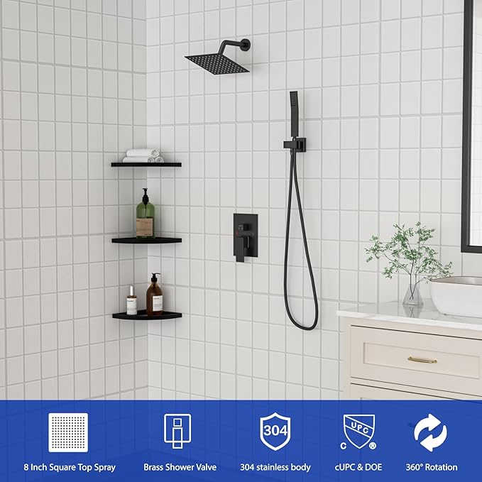 Dcolora Rainfall Shower System with Handheld, Matte Black Shower Faucet Set for Bathroom, Brass Valve, 304 Stainless Steel, Anti-Scald cUPC Certified (Matte Black, 8 Inch)