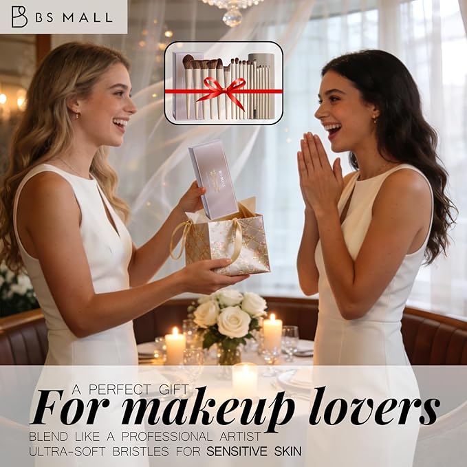 BS-MALL Professional Makeup Brush Set 18 Pcs Premium Synthetic Foundation Powder Concealers Eye Shadows Blush Makeup Brushes with Travel Case (Matte white beige)