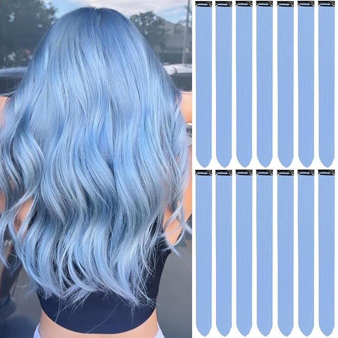 Colored Hair Extensions 14 PCS, 22 In Baby Blue Clip in Hair Extensions Party Highlights, Light Blue Synthetic Hairpieces for Girls Women Kids Gift(Haze Blue)