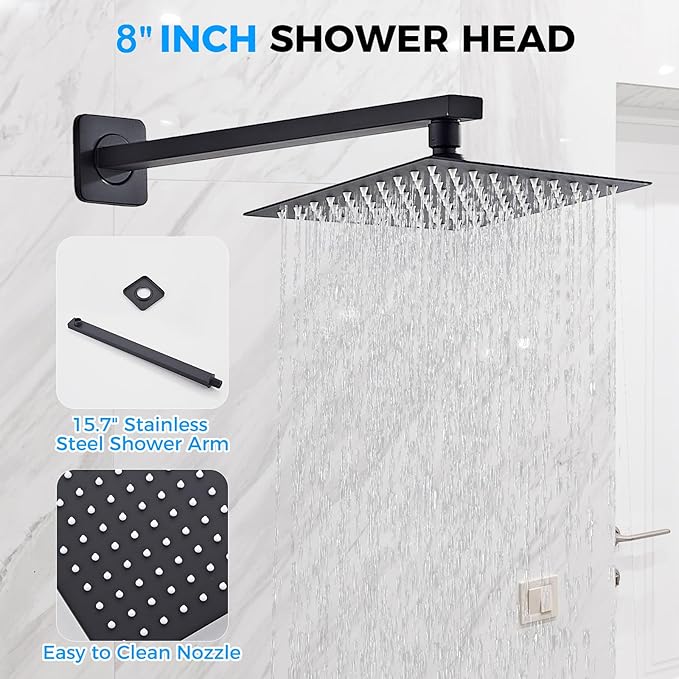 Shower Faucet Set Matte Black Complete Shower System with 8 Inches Rain Shower Head and Handheld Spray Bathroom Rain Shower Faucet Set Rainfall Shower System with Shower Valve（RY3-LYQ2-Black）