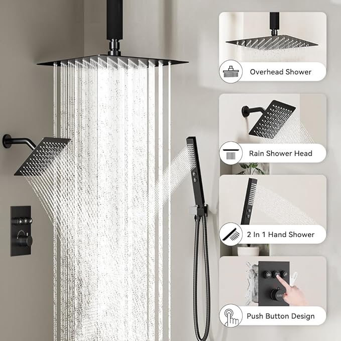 Thermostatic Shower System Matte Black Push Button Shower Faucet Set,12" Ceiling Rainfall and 6" Wall Mount Rain Shower with 2 in 1 Handhled, Can Use All at Once, Shower Set with Valve and Trim Kit
