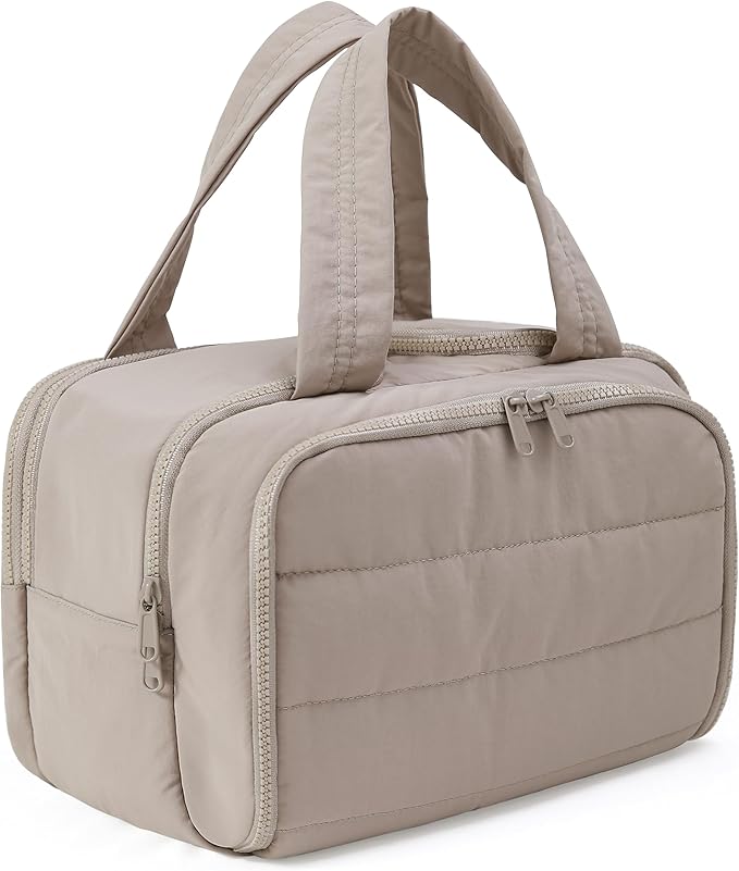 BUZFOWU Travel Toiletry Bag for Women, Large Wide-open Puffy Cosmetic Makeup Bag with Wet-Dry Separation, Multi-Pocket Organizer with Carry Handle for Toiletries, Cosmetics, Essentials, Camel