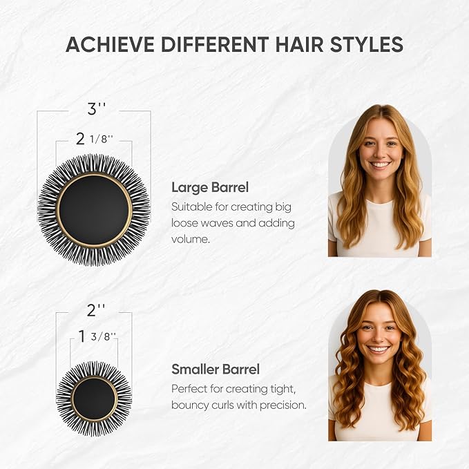 2 in 1 Ceramic Round Brush for Blow Drying,Ceramic Barrel for Hair Styling, Polished Bristles, Enhance Texture Volume, for Women & Men,with 4 Hair Clips (2.1 Inch&1.3 Inch)