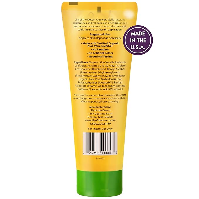 Lily Of The Desert Gelly Moisturizer - 99% Organic Aloe Vera Gel for Skin, After Sun Care with Aloe, Vitamin E Oil, and Vitamin C for Sunburn Relief, 4 Fl Oz