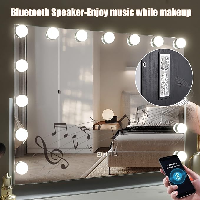 Hansong Bluetooth Vanity Mirror with Lights Hollywood Mirror with Lights and 15 Dimmable LED Bulbs Hollywood Makeup Mirror Rotation 3 Color Lighting Modes