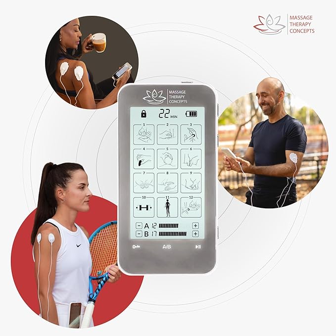 Massage Therapy Concepts TENS Unit Muscle Stimulator for PainRelief - Professional Dual Therapy Machine with 12 Modes and 20 Levels - Complete Accessory Set for Back and Neck Pain
