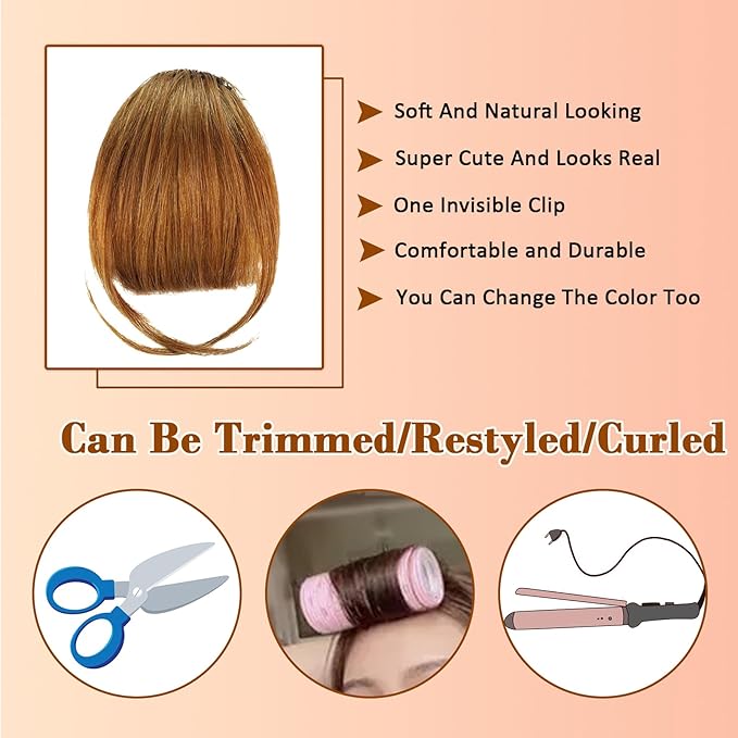 Clip on Wispy Bangs-Real Human Hair Clip in Bangs Hairpieces Medium Brown Fake Air Bangs Fringe with Temples Bangs Hair Clip Extensions