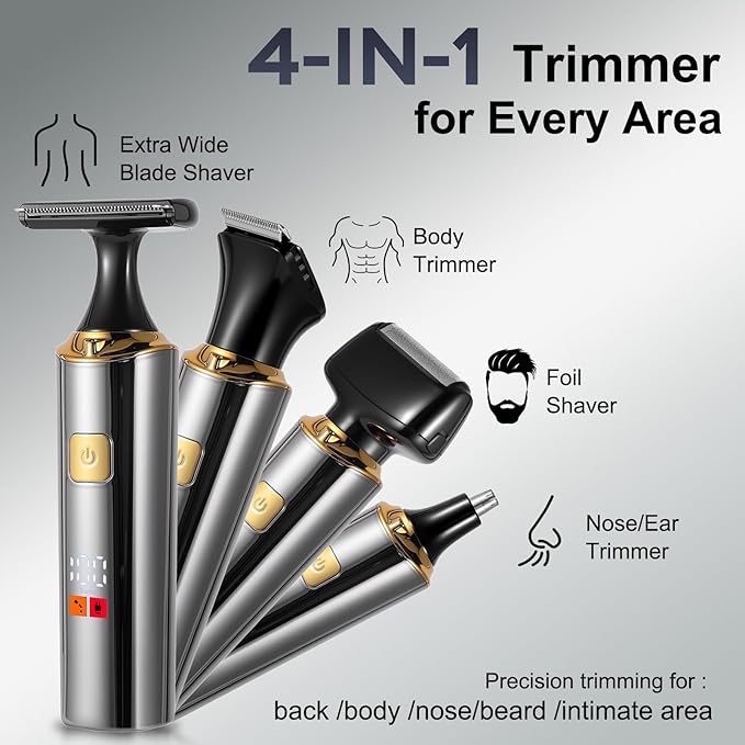 Electric Mens Back Shaver Body Trimmer Hair Groomer 4 in 1 Kit with Extendable Auxiliary Arm Waterproof Facial,Chin,Arm,Back,Pubic Hair Trimmer Grooming Set