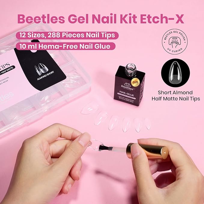 Beetles Gel Nail Kit Etch-X, Almond Short, 288pcs 12 Sizes Nail tips, with 10ml Hema-Free Nail Glue Gel, Glue on Nails for Acrylic Press On Nail, Pre-Etched Half Matte Extension Set for Home DIY