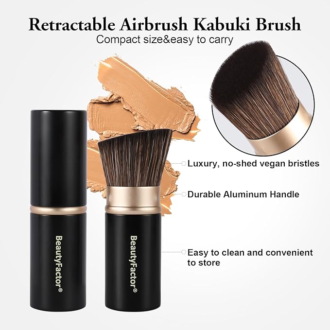 Retractable Kabuki Makeup Brush, Angled Top Travel Makeup Brush Portable Powder Brushe for Liquid Cream and Powder Face With Aluminum Handle