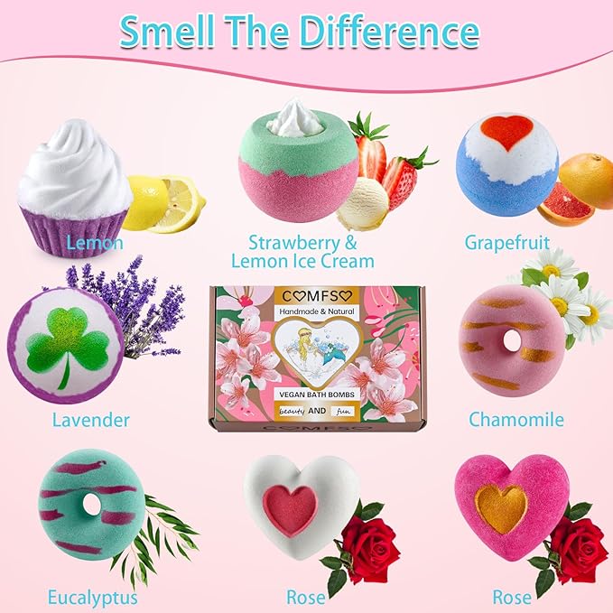 Bath Bombs for Girls - Bath Bombs, Valentines Day for Women Kids, Bubble Bath, Handmade Bath Bomb Gift Set Bathbombs Relaxing Spa Gifts Basket for Her Wife Mom Birthday Gifts