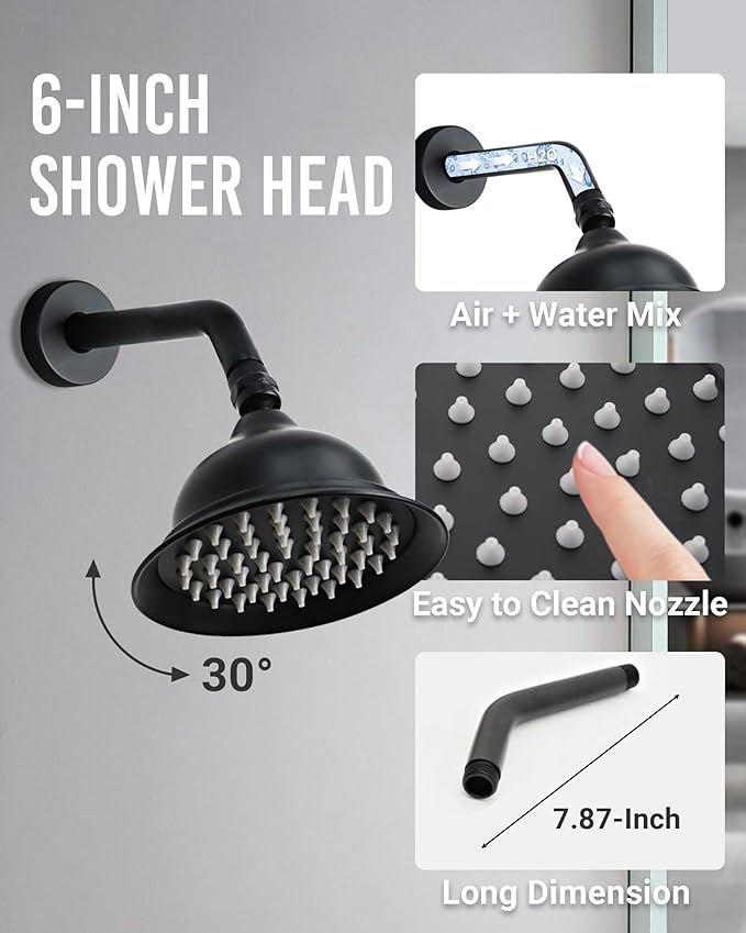Dasan Antique Dual Rainfall Shower System, Matte Black, Complete Shower Fixture Combo, 9'' & 6'' Dual Rainfall Overhead Shower with Handheld, Valve & Trim Kit, AT3096C-MB