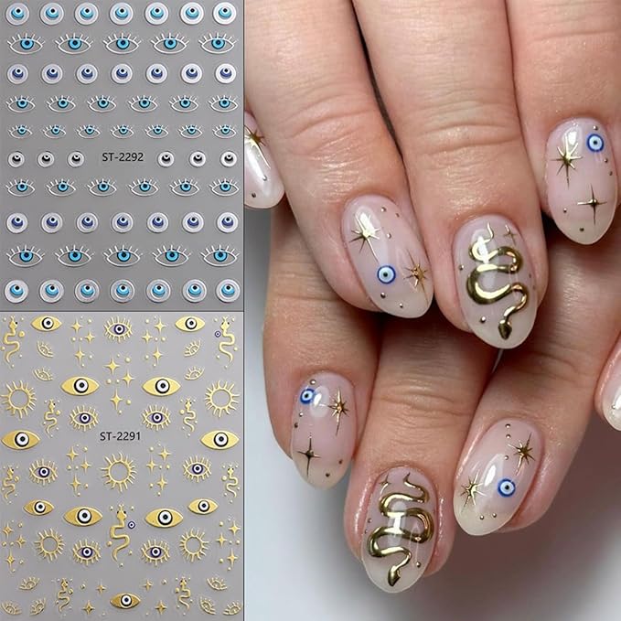 12 Sheet Gold Eye Nail Stickers Decals 3D Self Adhesive Goth Nails Decals Gold Silver Sun Star Nail Art Stickers Metallic Snake Horror Eye Gothic Design Sticker for Women Manicure Decoration