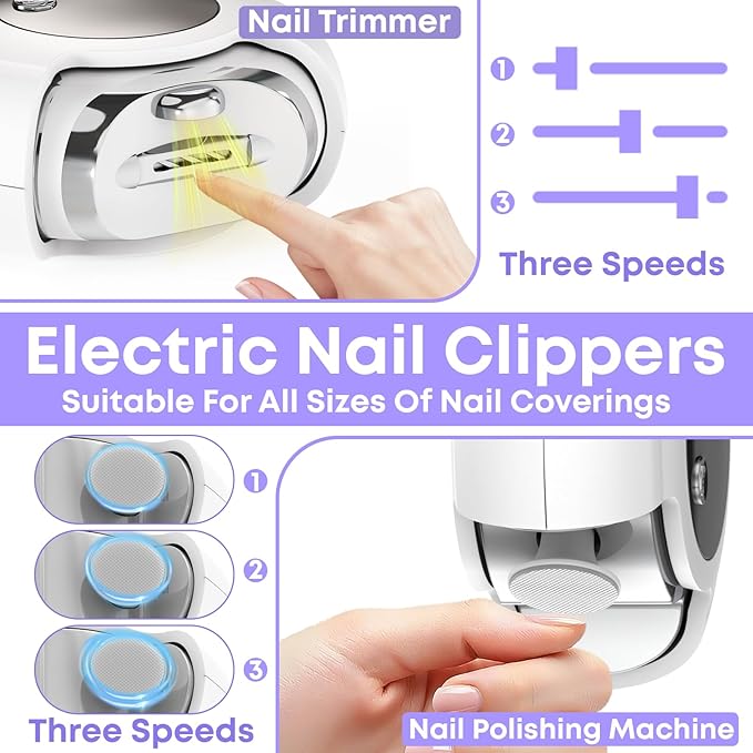 Gifts for Women Electric Nail Clipper for Adults & Seniors, 3 Speeds Automatic Nail Clipper & Trimmer with LED Light 360° Rotating Fingernail Clipper with Polisher Rechargeable Electric Nail File