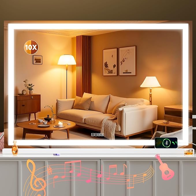 MINISO Vanity Mirror with Lights,50"x33.9"LED Makeup Mirror with Bluetooth Speaker,Touch Sensor,3 Light Colors,Dimmable,Metal Frame,with 10X Magnifying Glass,Rectangular White
