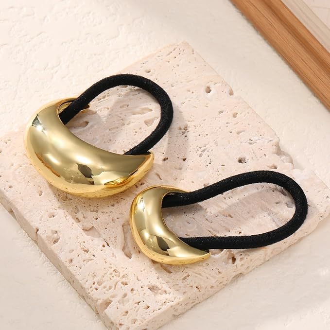 2PCS Gold Hair Ties for Women - Metal Hair Accessories for Thick Hair, Elegant and Durable Geometric Design, Ponytail Cuffs Stretchy Non-Damage