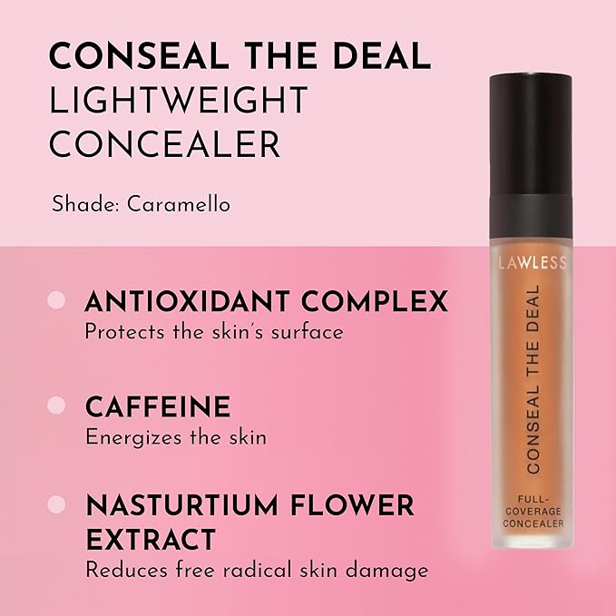 Lawless Conseal The Deal Lightweight Longwear Everyday Concealer - Caramello - with Antioxidants and Caffeine to Reduce Dark Circles and Puffiness. Long-Wearing and Self-Setting, Silicone-Free - 5 ml.