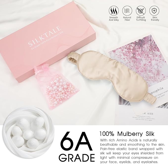 SILKTALE Soft Real Silk Light Blocking Cooling Sleep Eye Mask for Women/Men/Travel/Airplane,Beige