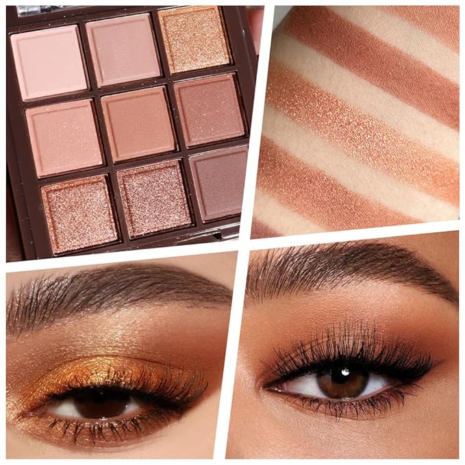 9 Colors Neutral Brown Glitter Eyeshadow Palette – Matte & Shimmer High Pigment Long-Lasting Blendable Bronze Gold Nude Eye Shadow for Soft Glam, Smokey Eyes, Daily Makeup & Mature Lids